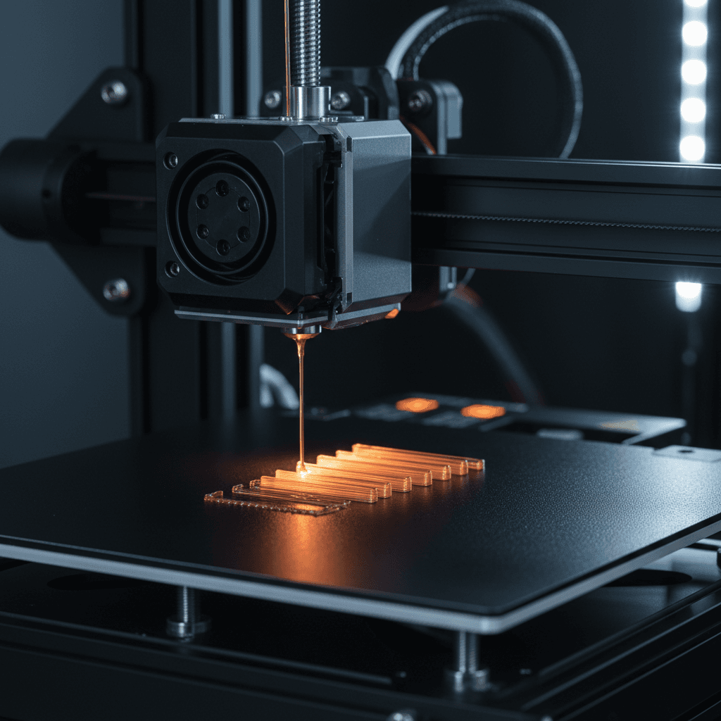 Buse d'imprimante 3D en train d'extruder du filament en gros plan dans l'atelier