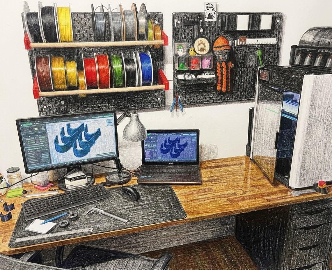 Atelier 3D stylisé avec imprimante, écrans affichant des modèles et bobines de filament colorées.